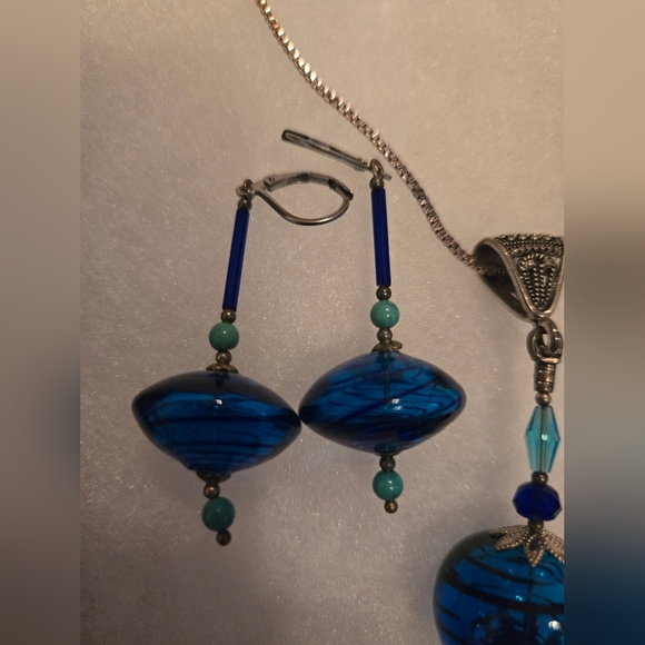Blown Glass Blue Bauble Pierced Earrings And Necklace - Picture 2 of 3